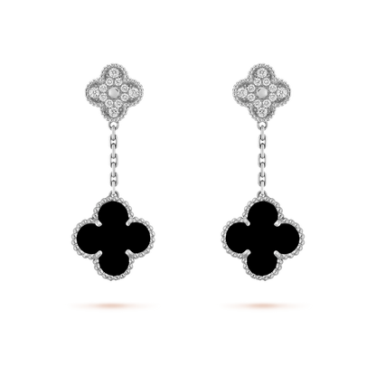 Pendientes Colgantes Trébol Plata y Negro