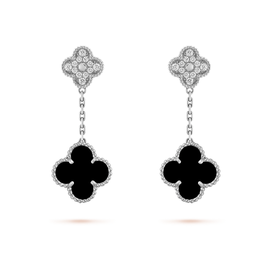Pendientes Colgantes Trébol Plata y Negro