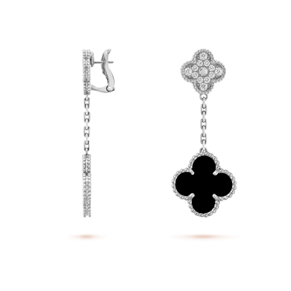 Pendientes Colgantes Trébol Plata y Negro